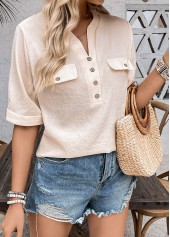 Light Camel Button Half Sleeve Split Neck Blouse | thumb picture 