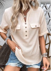 Light Camel Button Half Sleeve Split Neck Blouse