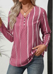 Pink Button Polka Dot Long Sleeve V Neck Blouse | thumb picture 