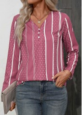 Pink Button Polka Dot Long Sleeve V Neck Blouse | thumb picture 