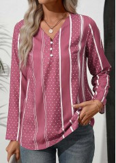 Pink Button Polka Dot Long Sleeve V Neck Blouse