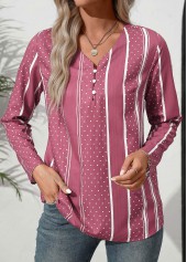 Pink Button Polka Dot Long Sleeve V Neck Blouse | thumb picture 