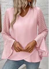 Light Pink Patchwork Long Sleeve V Neck Blouse | thumb picture 