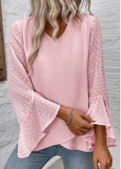 Light Pink Patchwork Long Sleeve V Neck Blouse | thumb picture 