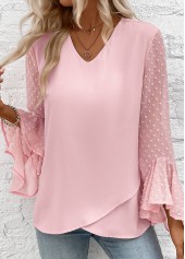 Light Pink Patchwork Long Sleeve V Neck Blouse