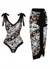 Leopard Bnowknot Black One Piece Swimwear and Skirt
