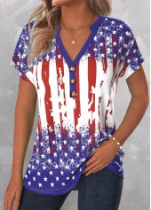 American Flag Blue Button Short Sleeve Split Neck Blouse