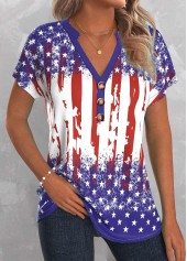 American Flag Blue Button Short Sleeve Split Neck Blouse | thumb picture 