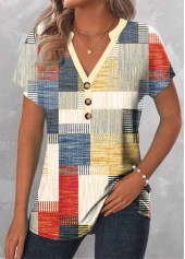 Multi Color Patchwork Geometric Print Short Sleeve Blouse