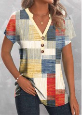 Multi Color Patchwork Geometric Print Short Sleeve Blouse | thumb picture 