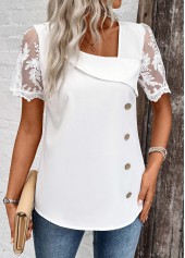 White Patchwork Short Sleeve Asymmetrical Neck Blouse