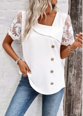 White Patchwork Short Sleeve Asymmetrical Neck Blouse | thumb picture 