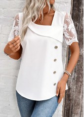 White Patchwork Short Sleeve Asymmetrical Neck Blouse | thumb picture 