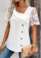 White Patchwork Short Sleeve Asymmetrical Neck Blouse | thumb picture 