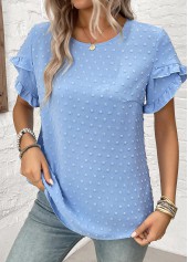 Dusty Blue Button Short Sleeve Round Neck Blouse | thumb picture 