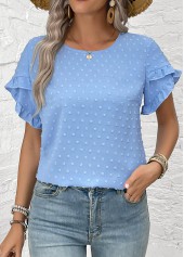 Dusty Blue Button Short Sleeve Round Neck Blouse | thumb picture 