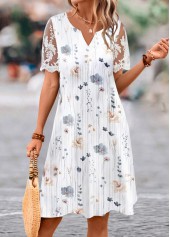 White Lace Floral Print A Line Short Sleeve Dress