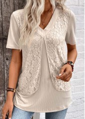 Light Camel Layered Short Sleeve Fake Two Piece Twinset | thumb picture 