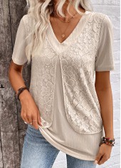 Light Camel Layered Short Sleeve Fake Two Piece Twinset