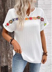 White Patchwork Short Sleeve Split Neck Blouse