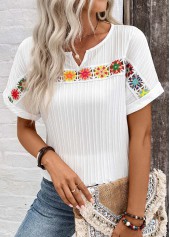 White Patchwork Short Sleeve Split Neck Blouse | thumb picture 