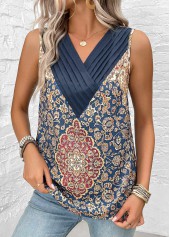 Blue Patchwork Tribal Print Sleeveless V Neck Tank Top