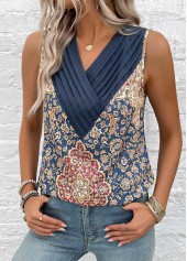 Blue Patchwork Tribal Print Sleeveless V Neck Tank Top | thumb picture 