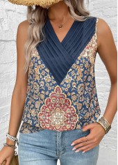 Blue Patchwork Tribal Print Sleeveless V Neck Tank Top | thumb picture 