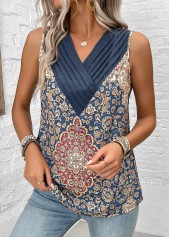 Blue Patchwork Tribal Print Sleeveless V Neck Tank Top | thumb picture 