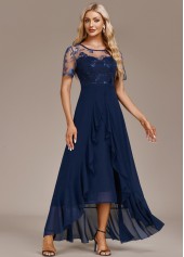 Navy Mesh High Low Short Sleeve Round Neck Dress