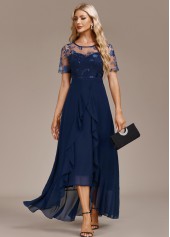 Navy Mesh High Low Short Sleeve Round Neck Dress | thumb picture 