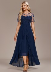 Navy Mesh High Low Short Sleeve Round Neck Dress | thumb picture 