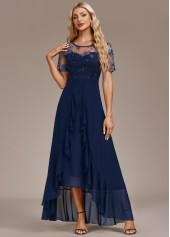 Navy Mesh High Low Short Sleeve Round Neck Dress | thumb picture 