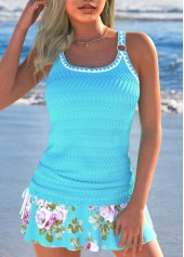 Jacquard Floral Print Cyan Tankini Set