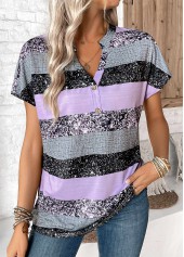Light Purple Button Striped Short Sleeve Split Neck Blouse