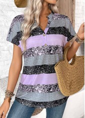Light Purple Button Striped Short Sleeve Split Neck Blouse | thumb picture 