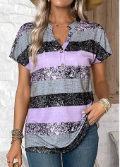 Light Purple Button Striped Short Sleeve Split Neck Blouse | thumb picture 