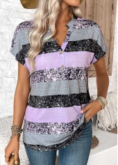Light Purple Button Striped Short Sleeve Split Neck Blouse | thumb picture 