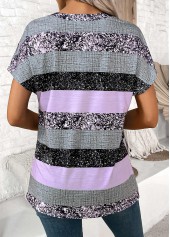 Light Purple Button Striped Short Sleeve Split Neck Blouse | thumb picture 