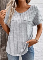 Light Grey Marl Zipper Short Sleeve V Neck Blouse