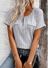 Light Grey Marl Zipper Short Sleeve V Neck Blouse | thumb picture 