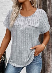 Light Grey Marl Zipper Short Sleeve V Neck Blouse | thumb picture 