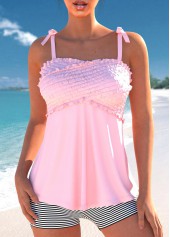 Bowknot Patchwork Striped Pink Tankini Set