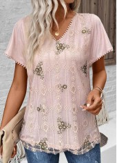 Light Pink Patchwork Floral Print Short Sleeve Blouse | thumb picture 