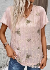 Light Pink Patchwork Floral Print Short Sleeve Blouse | thumb picture 