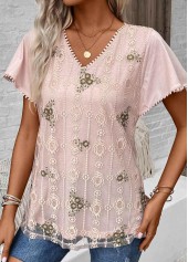 Light Pink Patchwork Floral Print Short Sleeve Blouse | thumb picture 