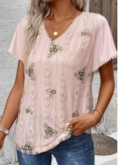 Light Pink Patchwork Floral Print Short Sleeve Blouse