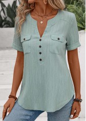 Mint Green Patchwork Short Sleeve Split Neck Blouse | thumb picture 