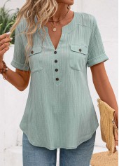 Mint Green Patchwork Short Sleeve Split Neck Blouse | thumb picture 