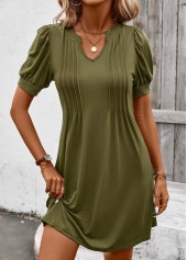 Olive Green Tuck Stitch Short Split Neck Dress | thumb picture 